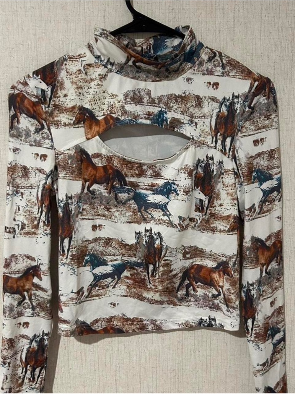 Horse Print Cut-Out Long Sleeve Top - Brown, Blue & White